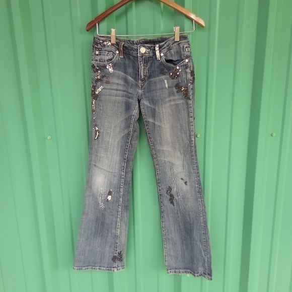 Junior's Haute Monde Sequined Embroidered Beaded Blue Jeans Size 5 Hippie Boho - Picture 1 of 5